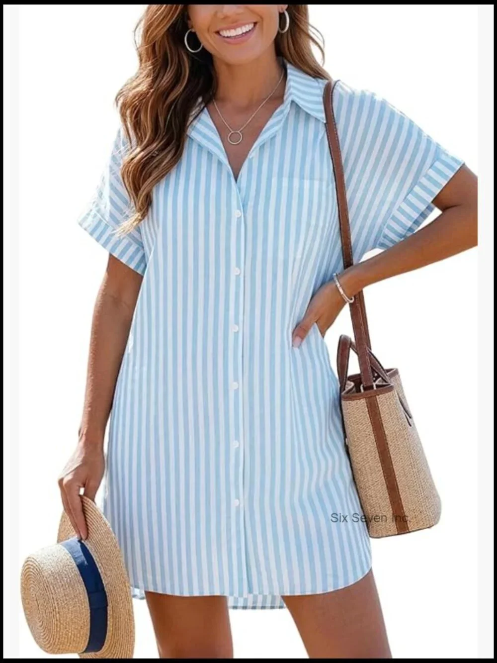 Button Down Swimsuit Cover Up Striped Beach Dress Short Sleeve Lyocell Cotton - Picture 1 of 7